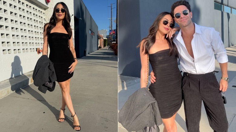 Split images of Janel Parrish posing solo in a black minidress and with Sasha Farber.