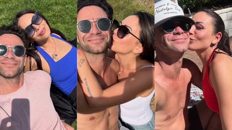 Split images of Janel Parrish posing with Sasha Farber and wearing blue, white, and red tops.