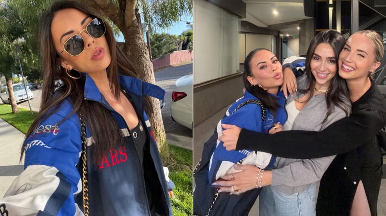 Split images of Janel Parrish on a sidewalk outdoors, hugging two friends.