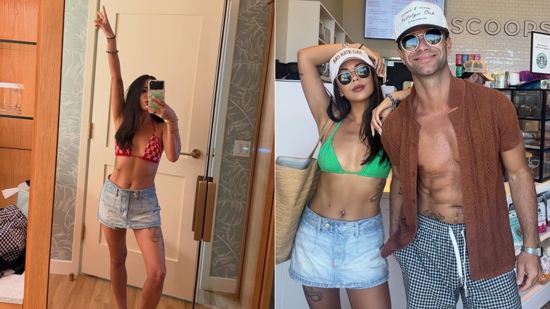 Split image of Janel Parrish taking a mirror selfie, posing with an arm resting on Sasha Farber's shoulder.