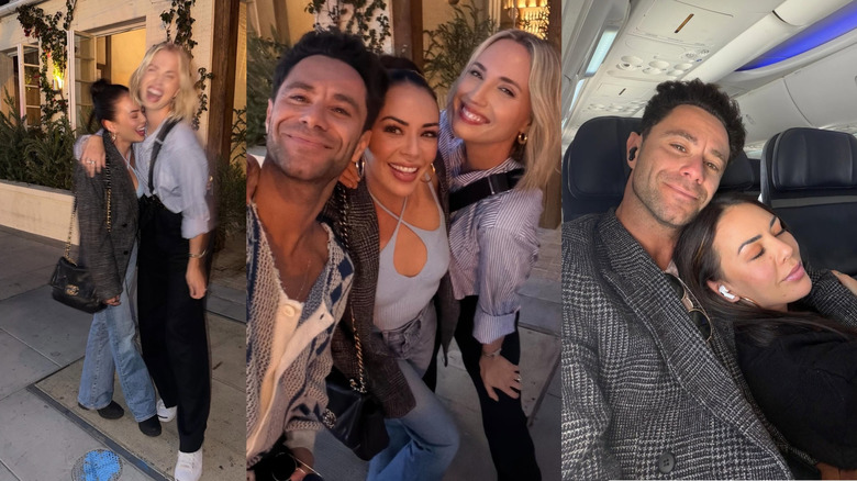 Split images of Janel Parrish outdoors with Sasha Farber and Molly McCook, seated on a plane with Sasha Farber.
