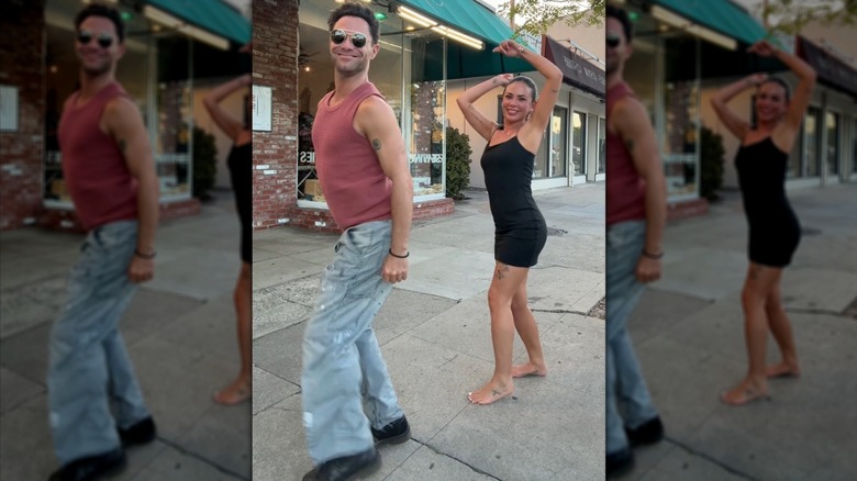 Janel Parrish dancing barefoot on a sidewalk with Sasha Farber.