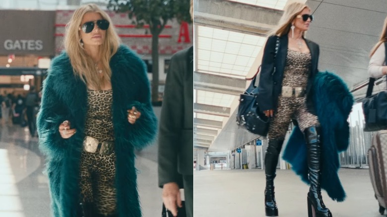 Split images of Jessica Simpson wearing a leopard-print catsuit and coats.