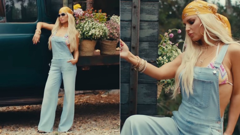 Split Images of Jessica Simpson wearing overalls over a bikini.