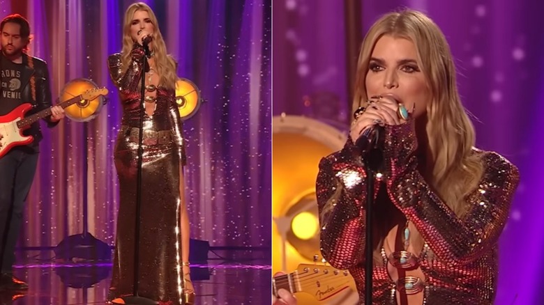 Jessica Simpson performing on "American Idol" in a silver dress.
