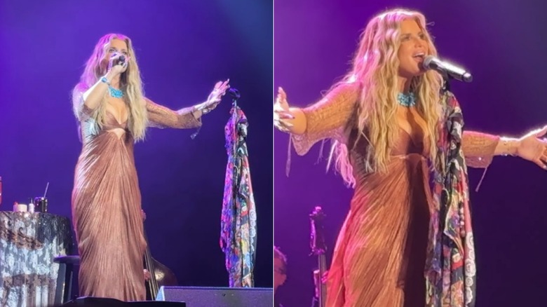 Split images of Jessica Simpson performing in a rose gold dress.