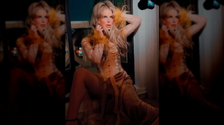 Jessica Simpson posing in a corseted dress.