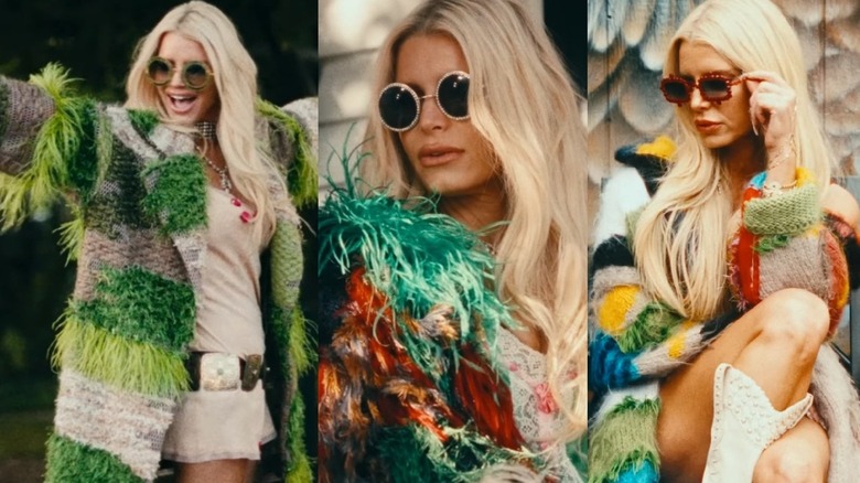 Three stills of Jessica Simpson wearing sunglasses and colorful outfits in her "Leave" music video