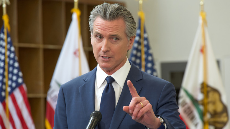 Gavin Newsom pointing his finger while speaking