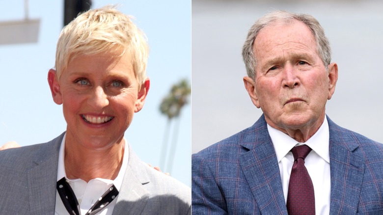 Split image of Ellen DeGeneres and George W. Bush
