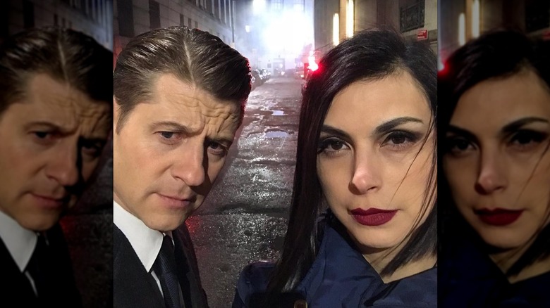 Ben McKenzie and Morena Baccarin pose for a selfie in character on the set of "Gotham."