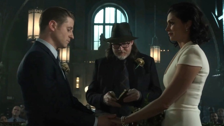 Ben McKenzie, Donal Logue, and Morena Baccarin film Jim Gordon and Lee Thompkins' wedding scene on "Gotham."