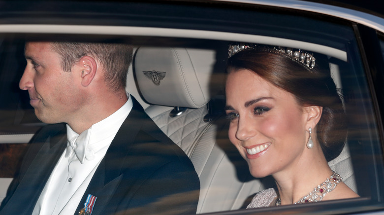Kate Middleton inside a car wearing Princess Diana's Collingwood pearl drop earrings.
