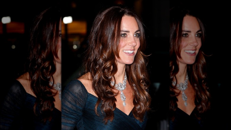 A close up shot of Kate Middleton wearing the Nizam of Hyderabad Cartier diamond necklace.