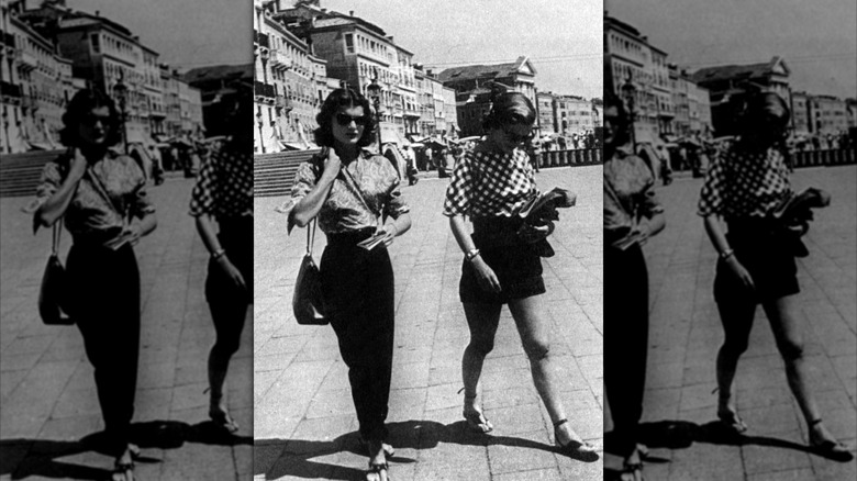 Jackie Kennedy and Caroline Lee Bouvier walking streets in Europe