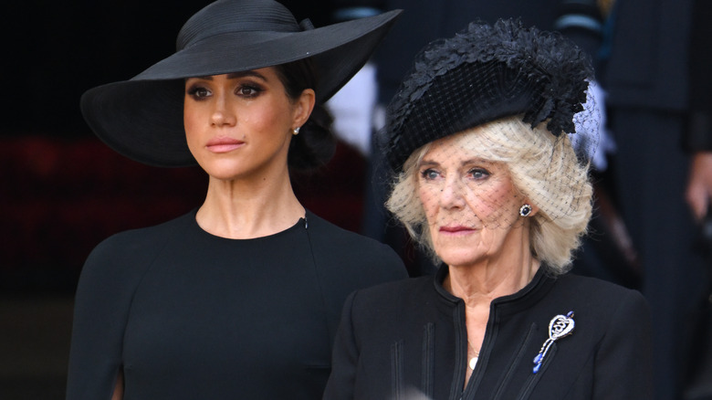 Meghan Markle and Queen Camilla attending Queen Elizabeth II's funeral in 2022