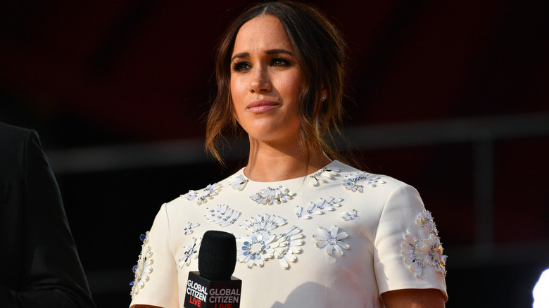 Meghan Markle looking serious while speaking at a Global Citizen Live event in 2021