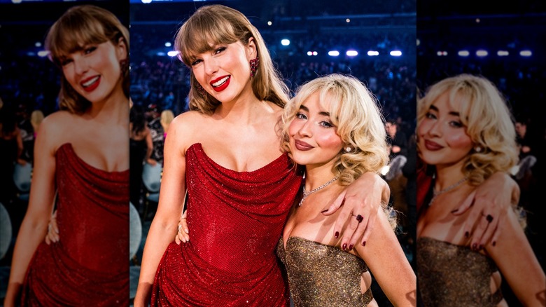 Taylor Swift in red posing with Sabrina Carpenter at an event