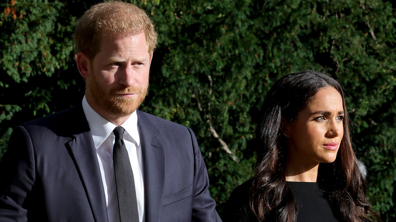 Prince Harry and Meghan Markle looking serious