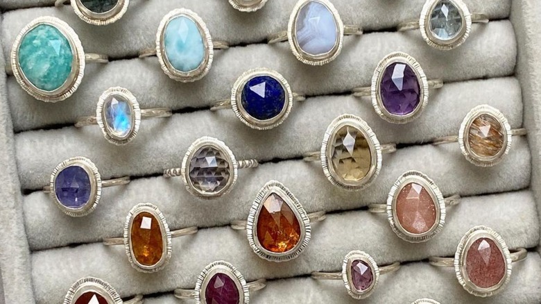 Gemstone rings in display case