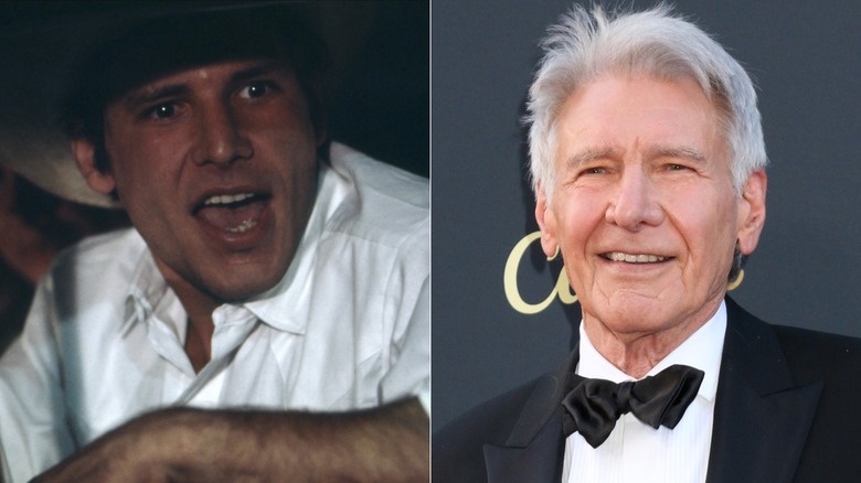 Split image of Harrison Ford acting in American Graffiti and attending the AFI Lifetime Achievement Award ceremony in 2025.