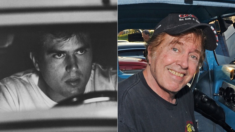 Split image of Paul Le Mat acting in a scene from American Graffiti and smiling at a 2012 fan event for the film.
