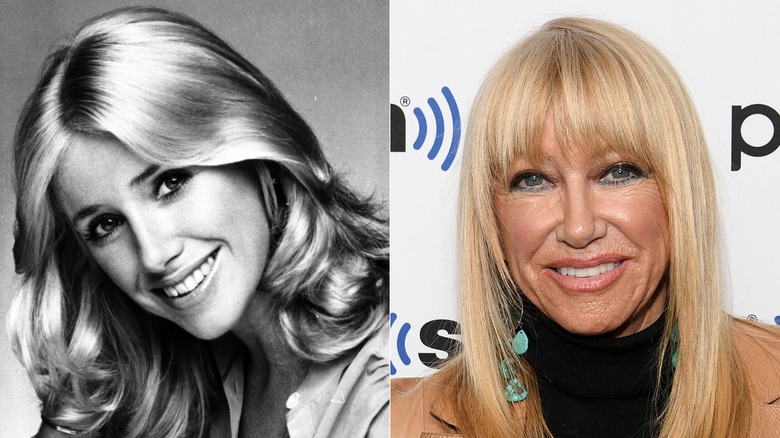 Split image of Suzanne Somers smiling circa the '70s and attending a SiriusXM event in 2020.