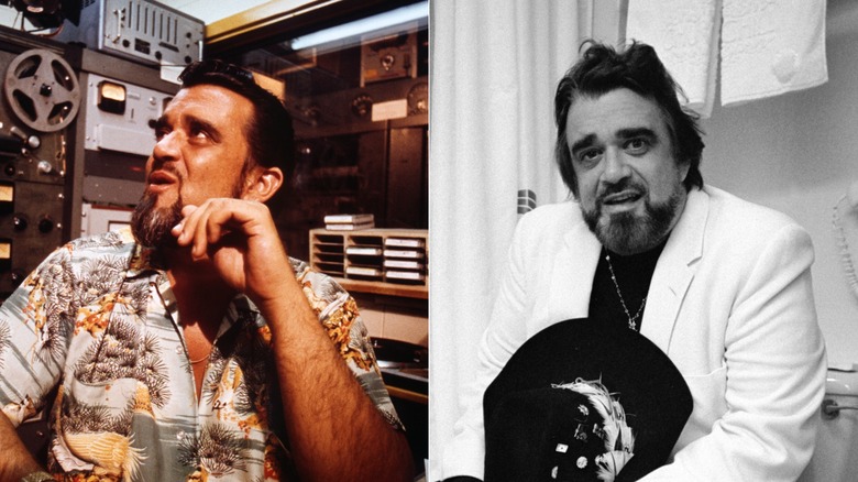 Split image of Wolfman Jack on the set of American Graffiti and posing for a black and white photo.