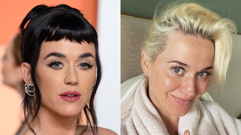 Split image of Katy Perry with and without makeup on