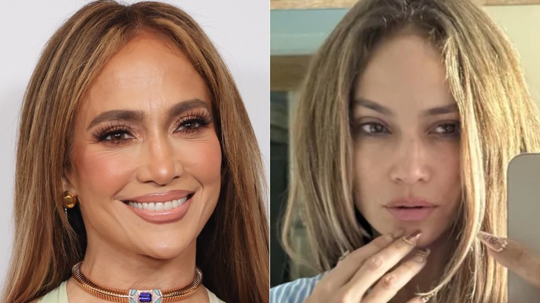 Split image of Jennifer Lopez with and without makeup on