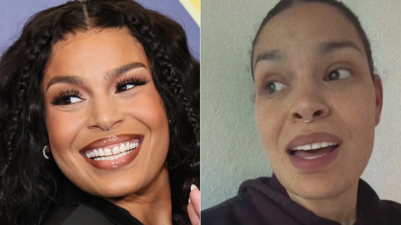 Split image of Jordin Sparks with and without makeup on