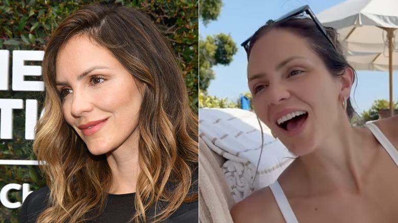 Split image of Katharine McPhee with and without makeup on
