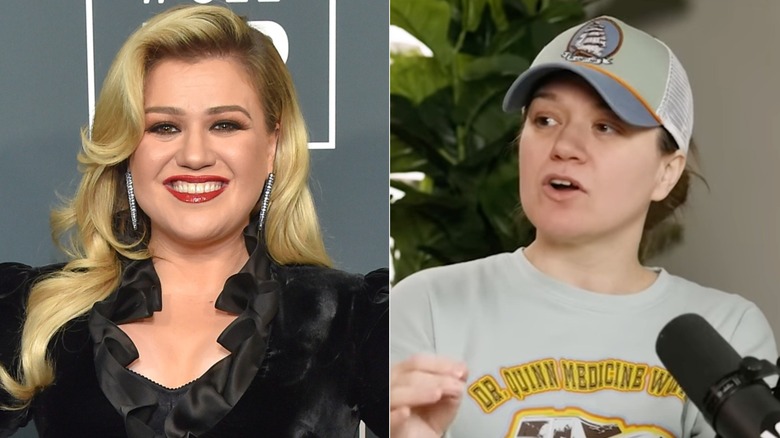 Split image of Kelly Clarkson with and without makeup on
