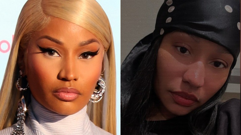 Split image of Nicki Minaj with and without makeup on