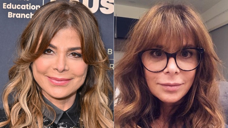 Paula Abdul smiling at an event/Paula Abdul staring at the camera with glasses on.