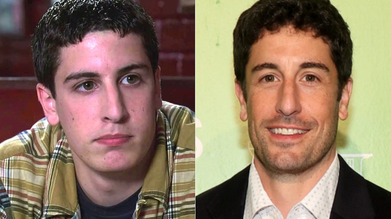 A split image of Jason Biggs in American Pie and on a recent red carpet
