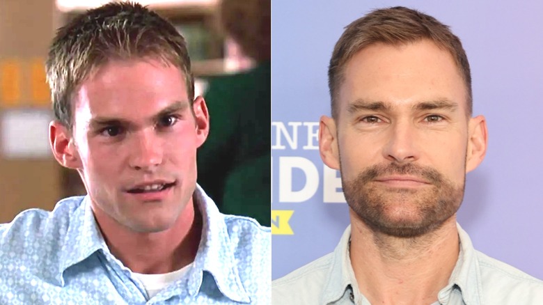 A split image of Seann William Scott in American Pie and on a recent red carpet