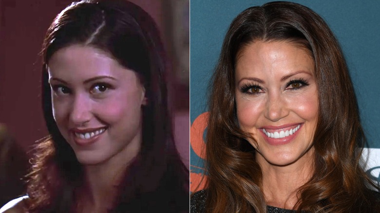 A split image of Shannon Elizabeth in American Pie and on a recent red carpet