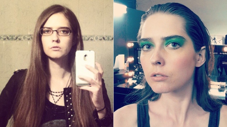 Split photo of Ann Ward taking a mirror selfie & posing backstage at a shoot