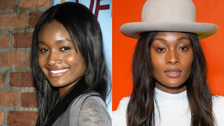 Split photo of Danielle Evans smiling for a photo in 2007 & posing at a fashion show