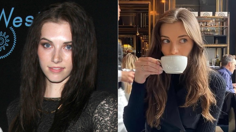 Split photo of Jourdan Miller posing at an event in 2014 & sipping a drink in an Instagram photo