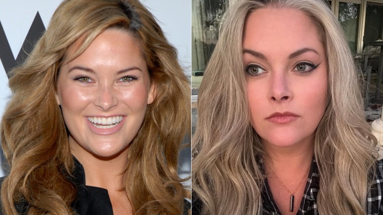 Split photo of Whitney Thompson smiling at a grand opening in 2009 & posing in an Instagram photo