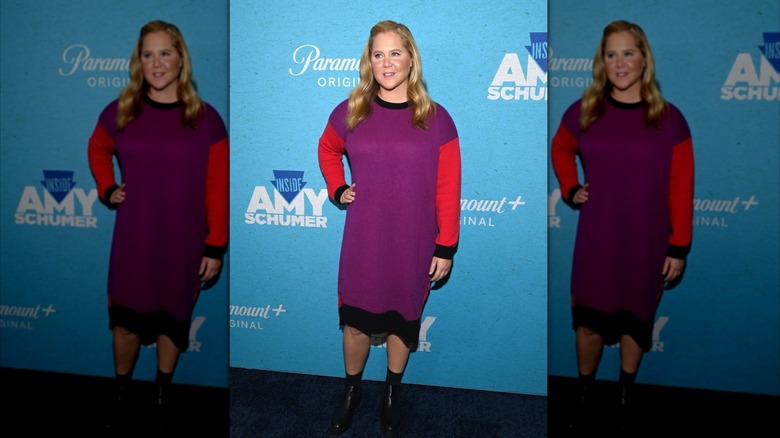 Amy Schumer in a colorful sweater dress