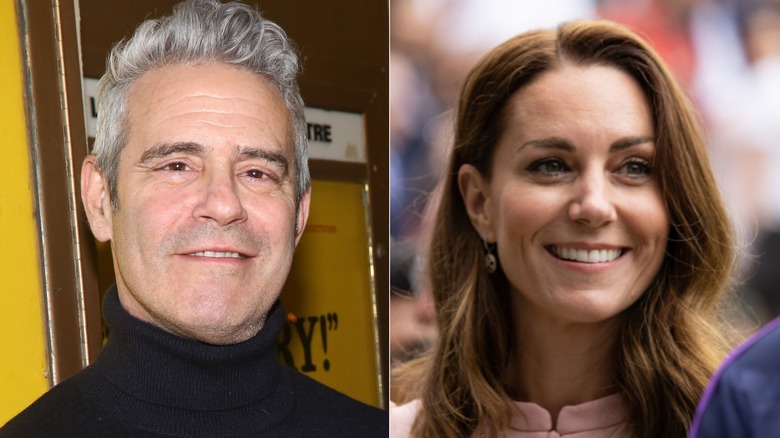 Split image of Andy Cohen and Kate Middleton smiling in close-up