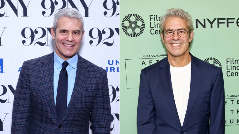 Andy Cohen smiling on red carpets in side-by side photos wearing a blue plaid suit and a navy suit with a cream shirt
