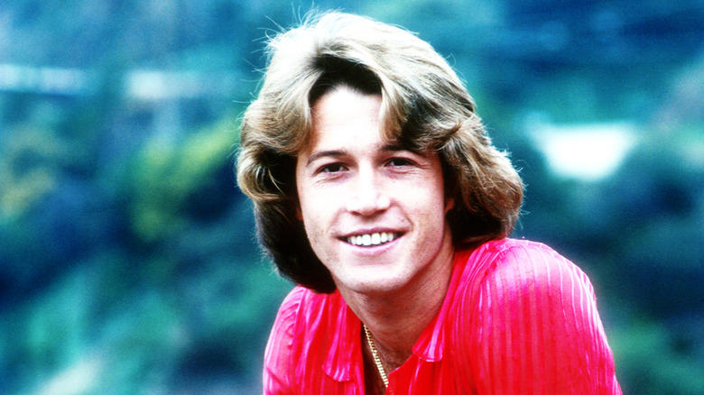 Promotional photo of Andy Gibb in a red shirt and gold necklace