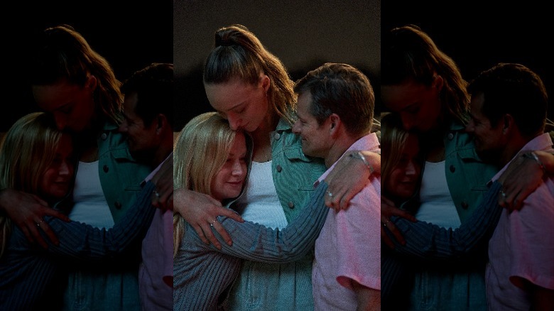(L-R) Angela Kinsey as Helaine Kreyman, Ava Michelle as Jodi Kreyman, Steve Zahn as Richie Kreyman on the set of Tall Girl 2