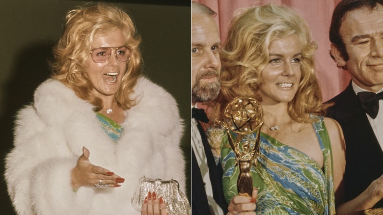 Split image of Ann-Margret in a white fur-like coat over colorful green and blue dress & Ann-Margret in the green and blue dress holding an Emmy