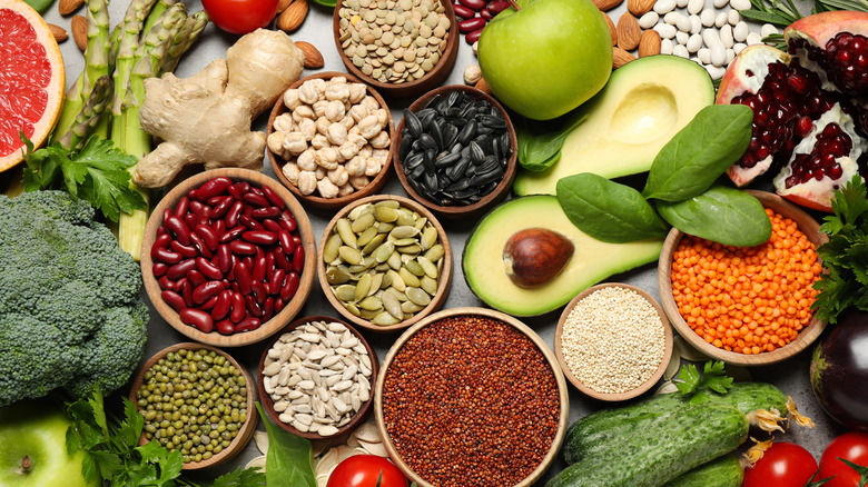 Display of vegetables, fruits, seeds and nuts