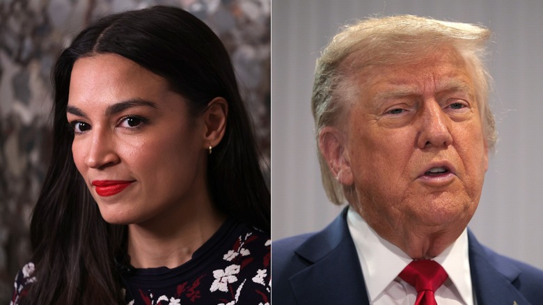 Split image of Alexandria Ocasio-Cortez and Donald Trump
